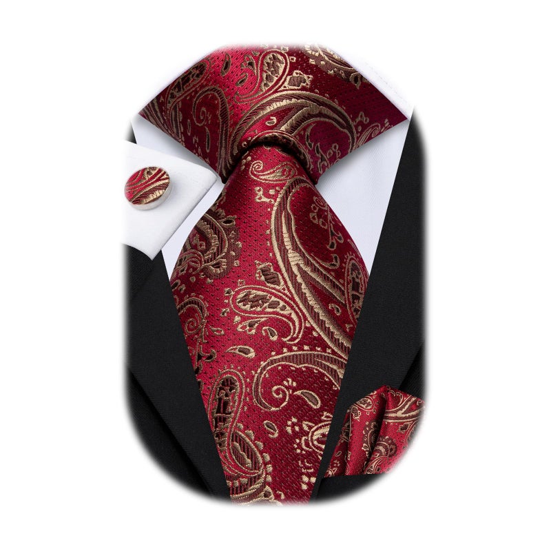 Hi-Tie ربطات عنق حرير هاي-تاي للرجال مجموعة ربطة عنق ومنديل جيب وأزرار أكمام مزينة بنقوش بايزلي رسمية للأعمال، ذهبي أحمر - Image 1